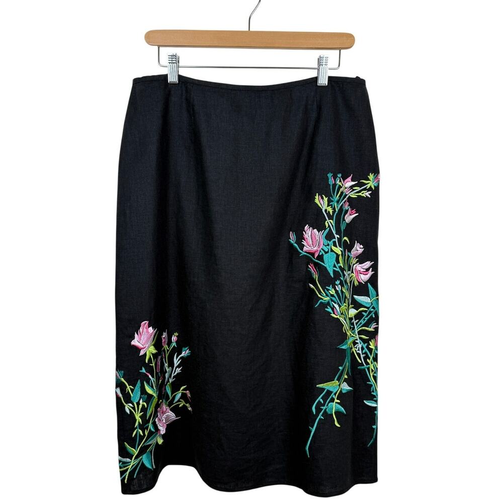 Vintage 90s Y2K Floral Embroidered Linen Blend Midi Skirt Black Boho Cottage 12